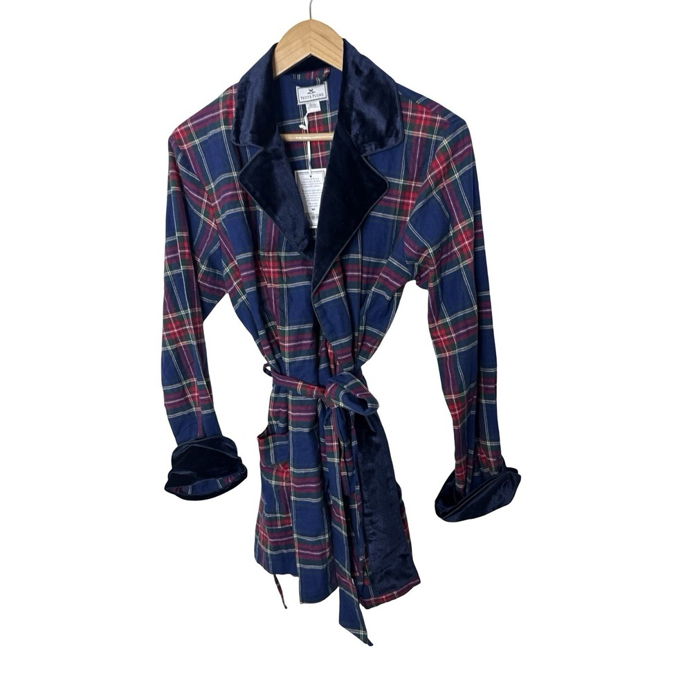 Petite Plume new small Retail Windsor Tartan Car Coat Robe Velvet Trim Sz S